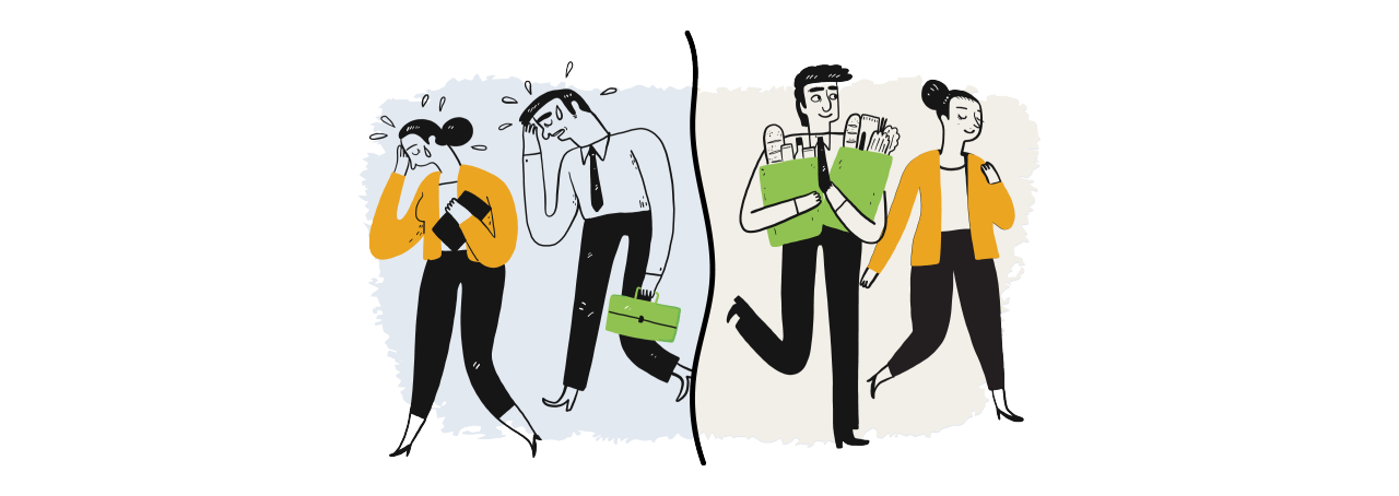 Illustration of distressed people on the left and content people on the right